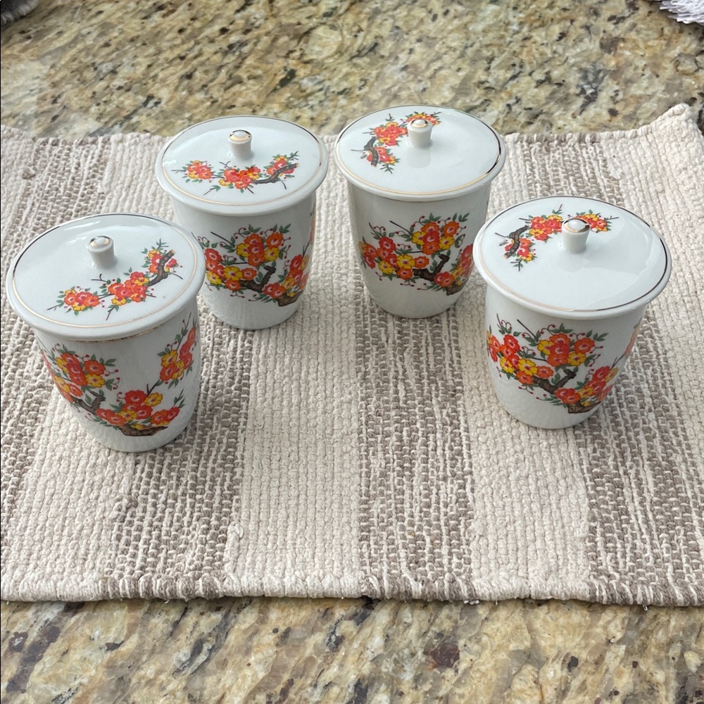 VTG Golden China Floral Ceramic Tea Cups with Lids